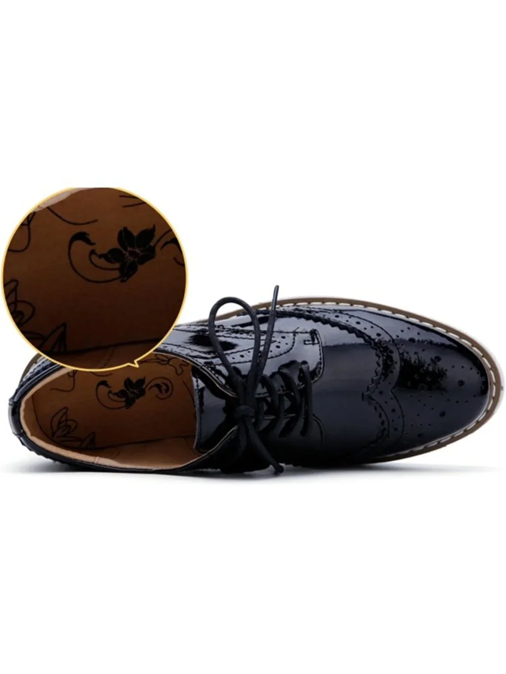 Womens Shine-Black Round Toe Lace Up Leather Oxford Shoes Wingtip White Platform